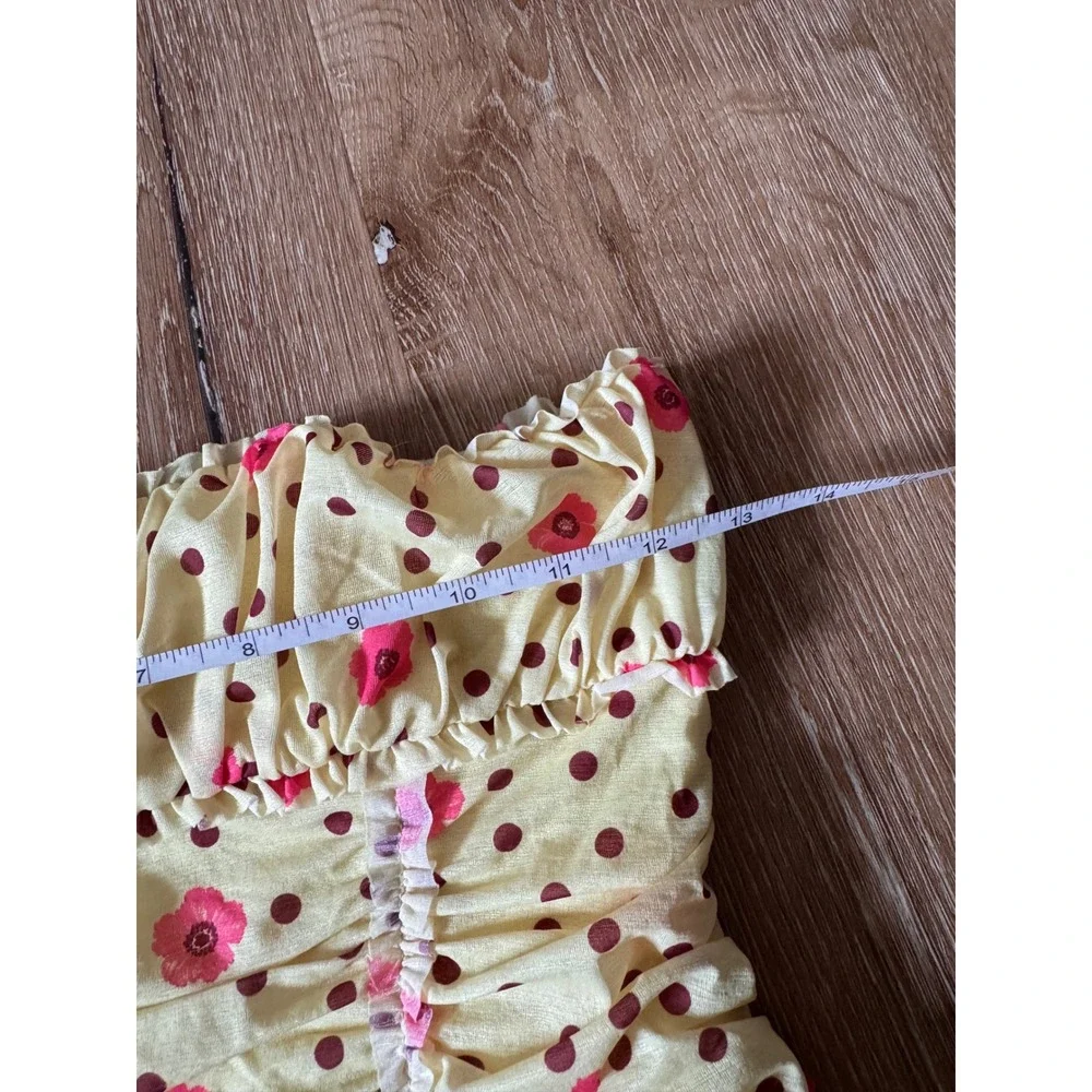 Free People Yellow Brown Pink Floral Polka Dot Ruched Tube Top  Size XS